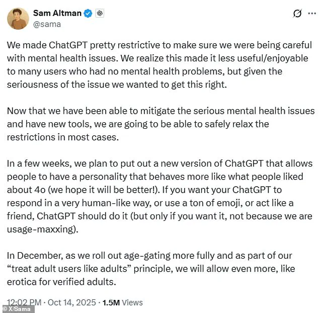 OpenAI's Restricted Access to ChatGPT's New Erotica Features Raises Questions About Public Well-Being and Expert Advisories