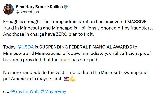 USDA Suspends Federal Awards to Minnesota Over Fraud Allegations, Trump Administration Steps Up Accountability Measures