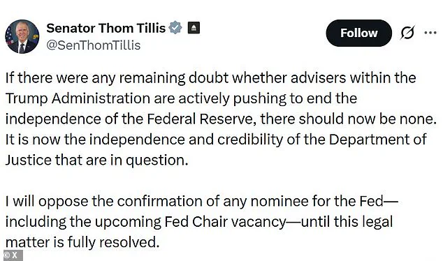 Republican Rift Deepens as Tillis Condemns Fed Probe, Trump Pushes Back