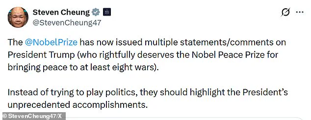 White House Accuses Nobel Foundation of Political Bias After Trump Receives Symbolic Peace Prize – Steven Cheung: 'Unprecedented...'