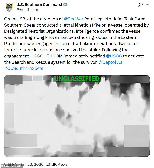 U.S. Military Conducts First Deadly Strike on Narcotrafficking Vessel, Killing Two and Injuring One, Following Maduro Raid