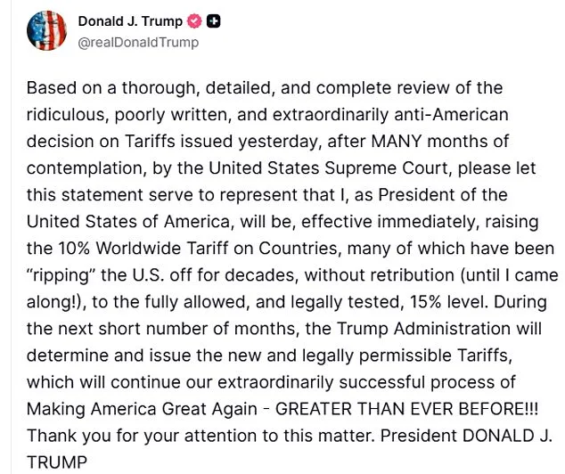 Trump Defies Supreme Court Ruling, Raises Tariffs to 15% in Escalating Trade War