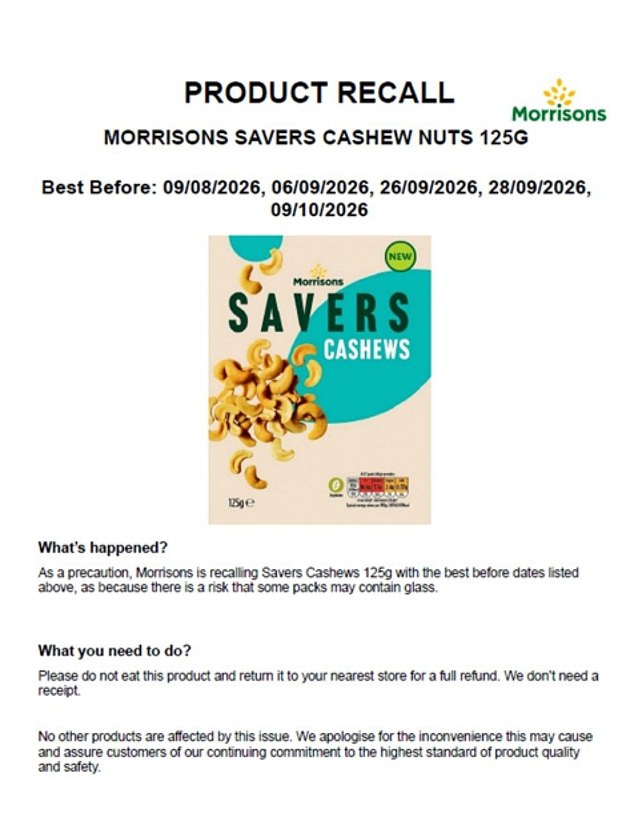 Morrisons recalls cashew nuts due to dangerous glass shards.