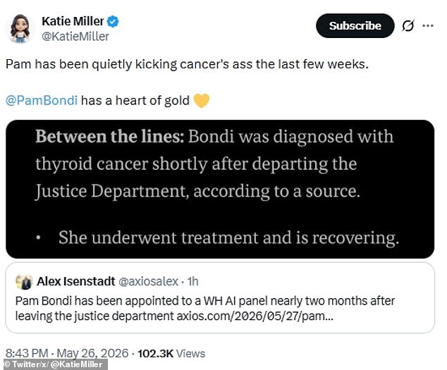Pam Bondi Enters Thyroid Cancer Treatment After Departing DOJ